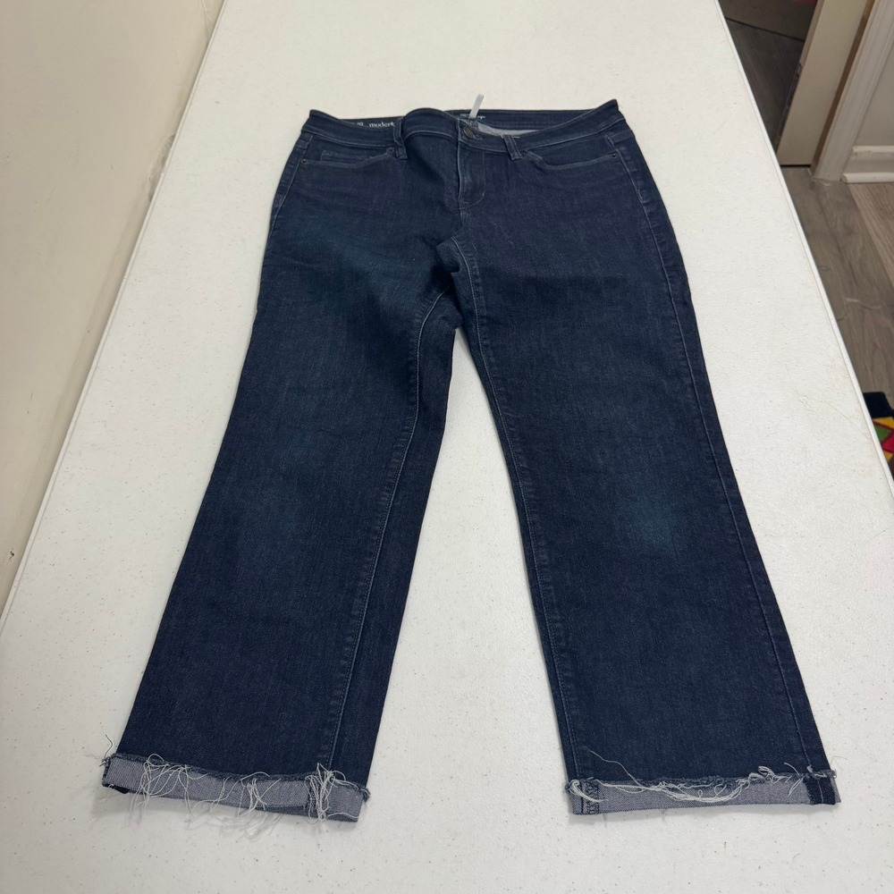 Ann Taylor LOFT Modern Straight Leg Jeans Dark Indigo Raw Hem Size 29/8